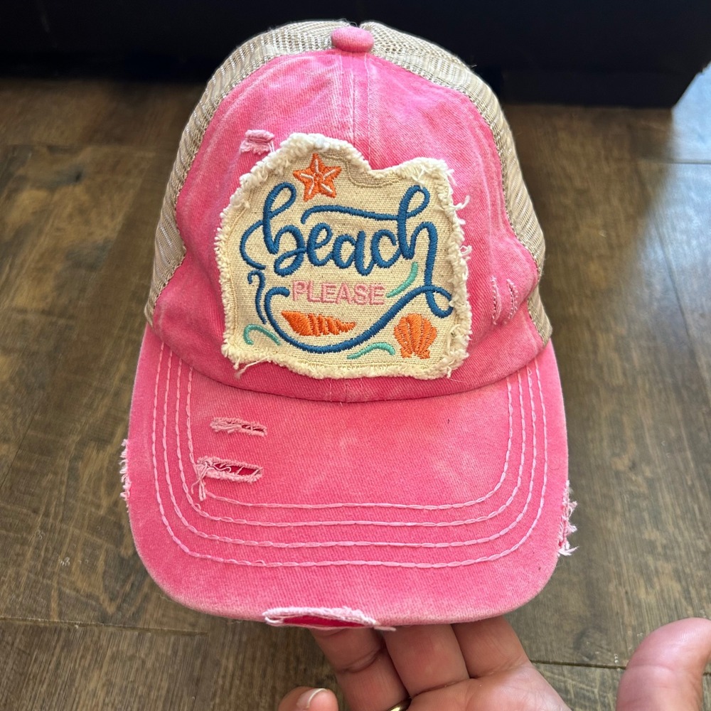 C.C. Exclusives Pink Beach Please Distressed Ponytail Trucker Hat Mesh Cap